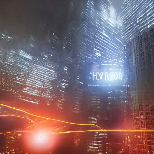 Image similar to A hyperdetailed photograph of a silver suit Iron Man flying through the skies of a cyberpunk, futuristic city, night, dense fog, rain, HD, 8K resolution