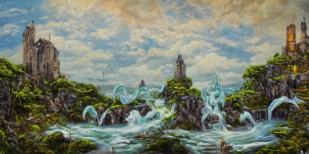 Prompt: <https://s.mj.run/S3Pu0N> oil painting, medieval fantasy, background of an isle with ancient castle ruin overrun with blue chaos magic, apple trees, apples, waterfalls, ponds, statues of heroes, golden::0.3 cloudy sky with many shimmering stars, goddesses in white::0.7 flowing silk dress, moody lighting, by brian froud and wayne barlowe and beeple::0.2, cg society, DSLR, trending on Artstation Unreal Engine VRay, octane 8k, phantasmagoric, hyperrealism, fresnel effect, very very detailed