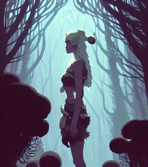 Image similar to celtic naturepunk with druid by atey ghailan, by greg rutkowski, by greg tocchini, by james gilleard, by joe fenton, by kaethe butcher, dynamic lighting, gradient light blue, brown, blonde cream and white color scheme, grunge aesthetic