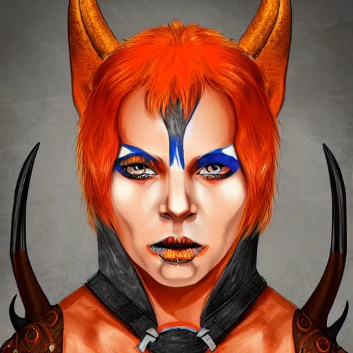 Prompt: illustrated realistic portrait female kobold horns orange skin and blue hair with black evil eyes wearing leather armor