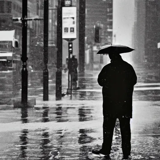 Image similar to portrait of a man fishing in a rainy new york street, photograph, magazine, press, photo