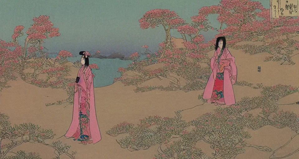 Prompt: a young asian woman with traditional korean robes walking on the sand in the desert, thousand flowers on her head, ultradetailed fantastic castles in the distance, japanese art, korean art, illustration in the style of moebius, miyazaki, alphone mucha, hokusai