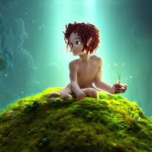 Image similar to child satyr, moss, floating, rbc, radiolaria, protophyta, micro - organisms, center frame, symmetric, rim light, marine microbiology, underwater, bioluminescence, electric, soft, concept art, intricate details, highly detailed, colorful, photorealistic, disney pixar, octane render, iridescent, anime, 8 k