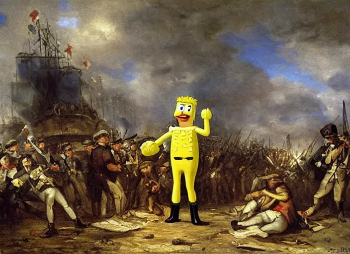 Image similar to romanticism painting of spongebob during the french revolution, by eugene delacroix