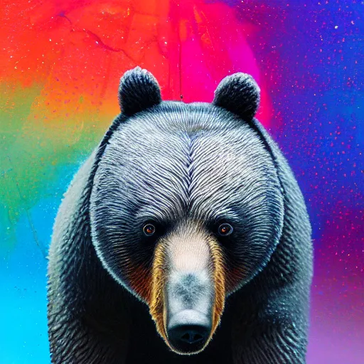 Prompt: Bear, delicately positioned and entwined in vibrant fluid hues, is being drawn and spaghettified into a blackhole, Fantasy, hyperrealism, 4k, volumetric lighting, three dimensions, spaghettification, a digitally transformed world, user interface design, 3D modeling, artstation, illustration, and transportation design. art by Andrew Chiampo, Frederik Heyman and Jonathan Zawada,