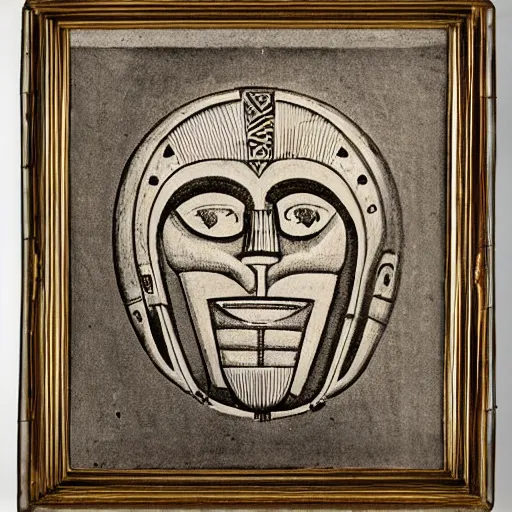 Image similar to photo portrait of precolumbian aztec astronaut helmet with fine detail engravings and runes cultist lord rich baron by Diane Arbus and Louis Daguerre