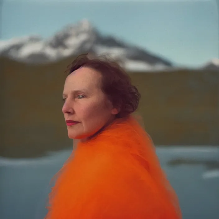 Image similar to closeup portrait of a woman wrapped in orange fiber, standing in alaska, aurora i in background, color photograph, by vincent desiderio, canon eos c 3 0 0, ƒ 1. 8, 3 5 mm, 8 k, medium - format print