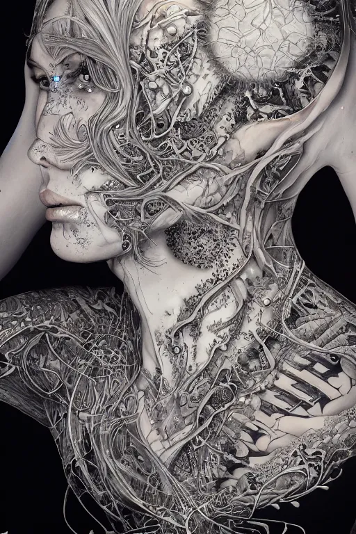 Image similar to A fractal Mesmerizing 8k hyperrealistic Photo Portrait of a pale skinned human with a tattoo by Joe Fenton that is transforming into iridescent geometry, cyberpunk, Surrounded by Mist, highly detailed, intricate, sci-fi, sharp focus, art by Ayami Kojima, Daytoner, Greg Tocchini, James Jean,Yoshitaka Amano. Subsurface scattering. Octane Render.