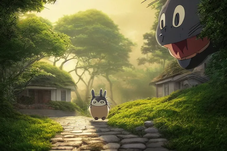 Prompt: my neighbor totoro ( 1 9 8 8 ), hyper realistic, ambient lighting, concept art, intricate, hyper detailed, smooth, dynamic volumetric lighting, octane, raytrace, cinematic, high quality, high resolution, 4 k