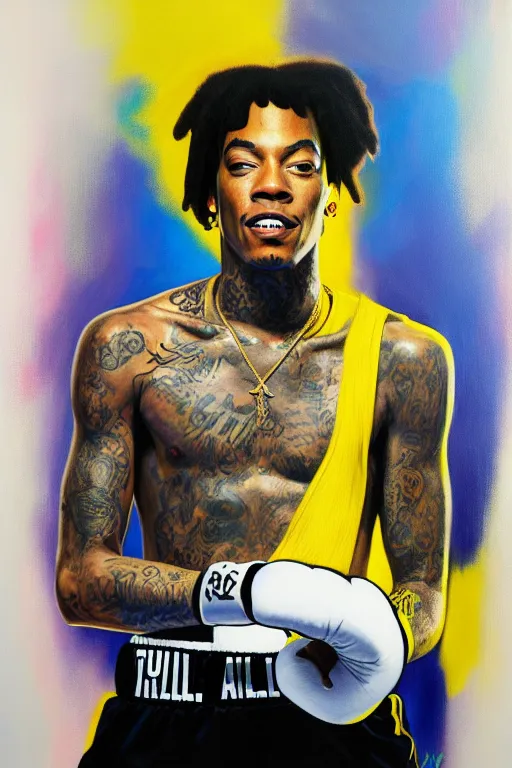 Image similar to full body portrait of wiz khalifa as muhammad ali, oil on canvas by william sidney mount, black, black, yellow, yellow, trending on artstation