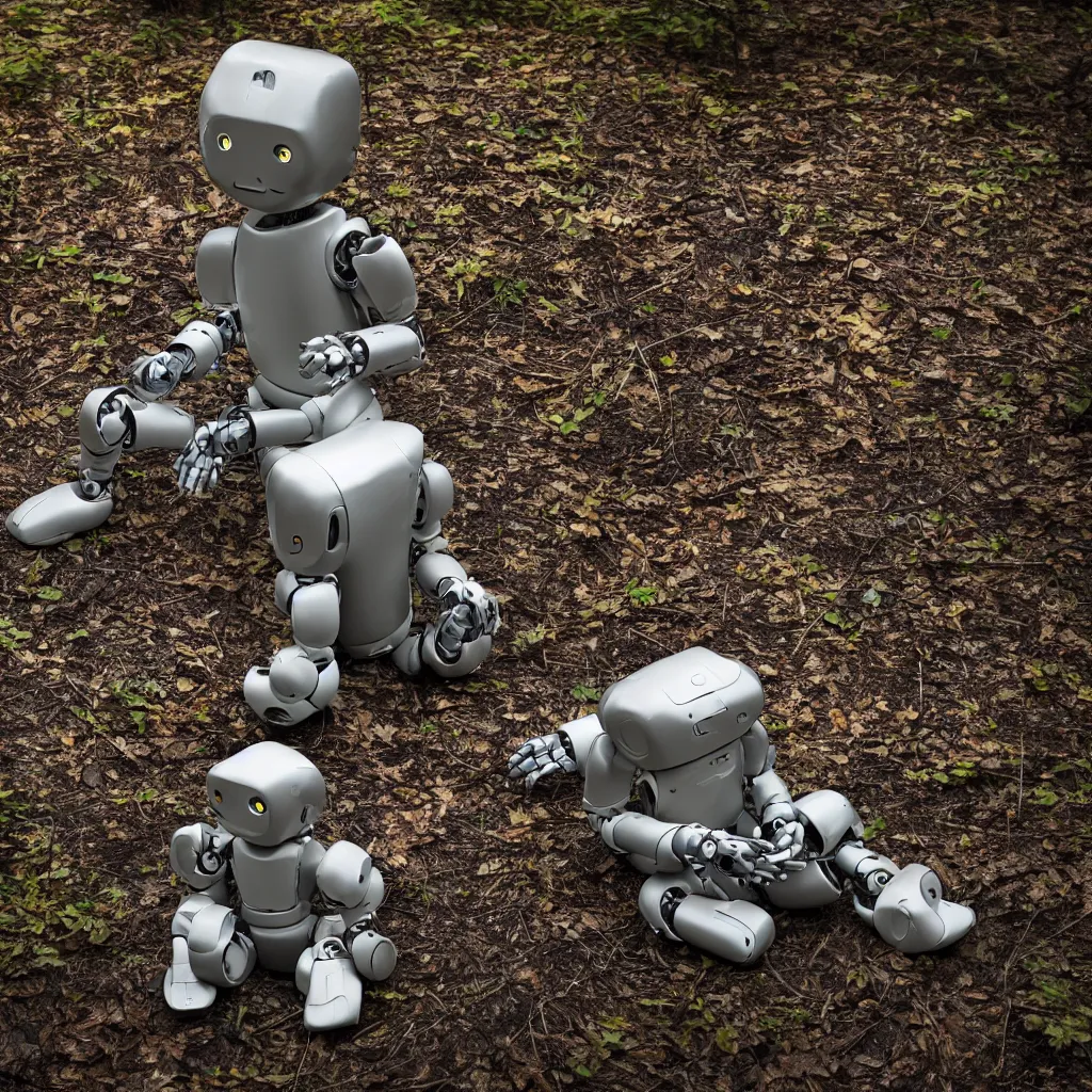 Prompt: translucent robot sitting by a campfire in the woods at night, back turned, award winning photograph, sigma 8 5 mm f / 8, hyperrealistic, somber, contemplative, moody