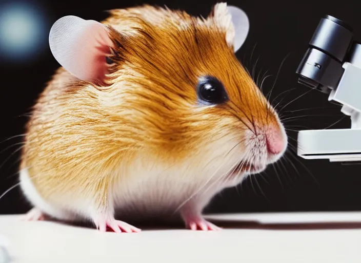 Image similar to film still of a hamster working in a research lab using a tiny microscope, 8 k