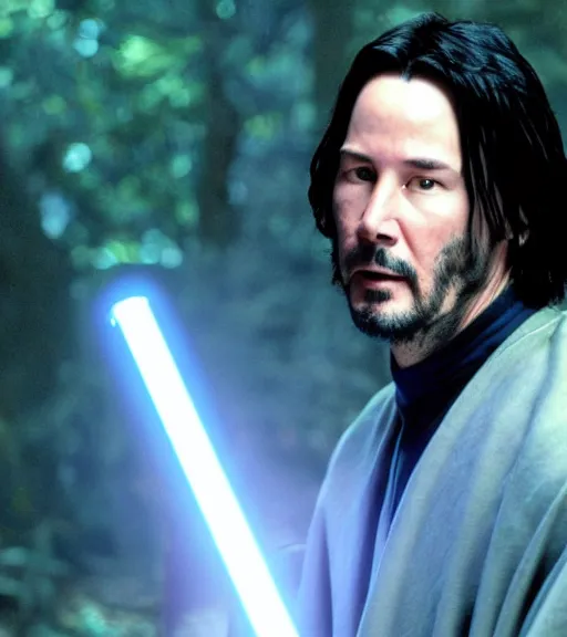 Image similar to keanu reeves as a jedi master with a blue lightsaber fighting a sith lord in an ancient bioluminescent forest, perfect symmetrical face, full moon, moody lighting, 8 k, shallow depth of field, intricate detail,