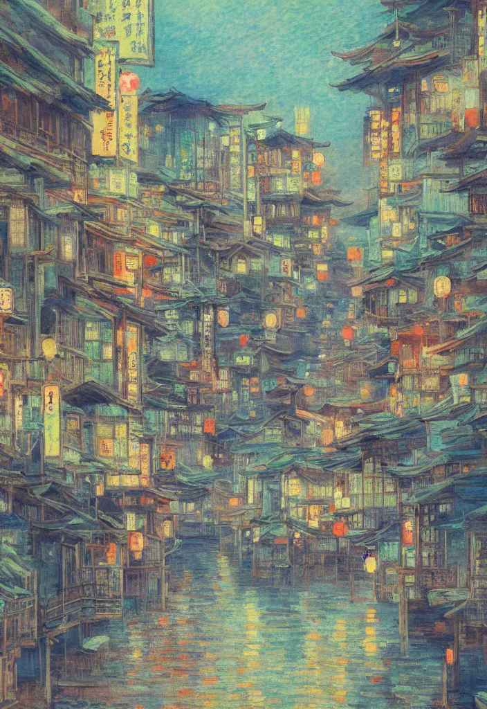 Prompt: a beautiful japanese city near the sea, ryokans and edo era houses, cyberpunk, lofi vibe, colorful, oil painting in impressionist style, by monet, by makoto shinkai, multiple brush strokes, inspired by ghibli, masterpiece