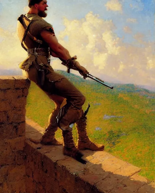 Image similar to muscular, rugged german soldier watches the horizon from on top of a castle wall, painting by gaston bussiere, craig mullins, j. c. leyendecker