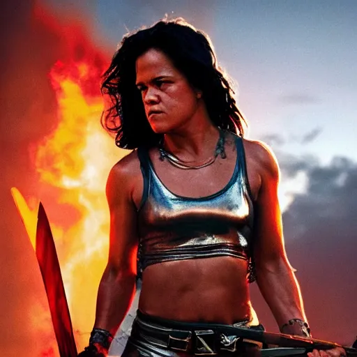 Prompt: Michelle rodriguez as an amazone warrior killing soldiers with her spear, cinematic lighting, high quality 8k hd, oil on canvas, hyperralistic art