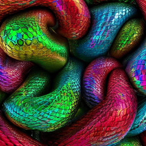 Image similar to highly textured iridescent-pearlescent-snakes wrapped around each other, 3D, digital art, octane render, blender cycles, photorealistic, 4k-ultra-hd, high dynamic range, seamless texture