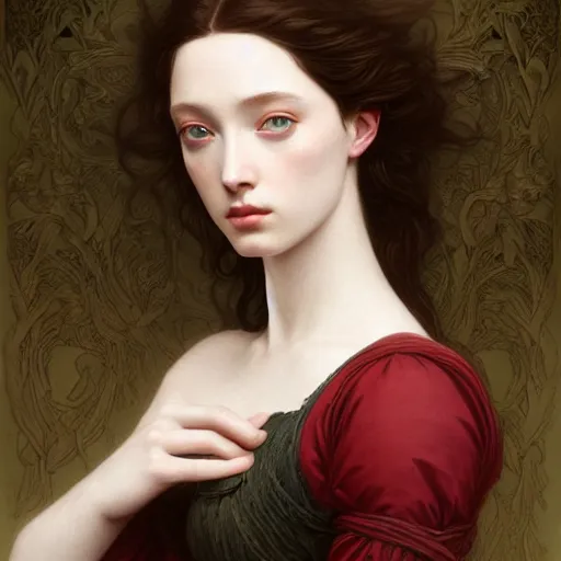 Image similar to Pre-Raphaelite Emma Dumont by Artgerm and Greg Rutkowski, intricate, elegant, highly detailed, digital painting, pale