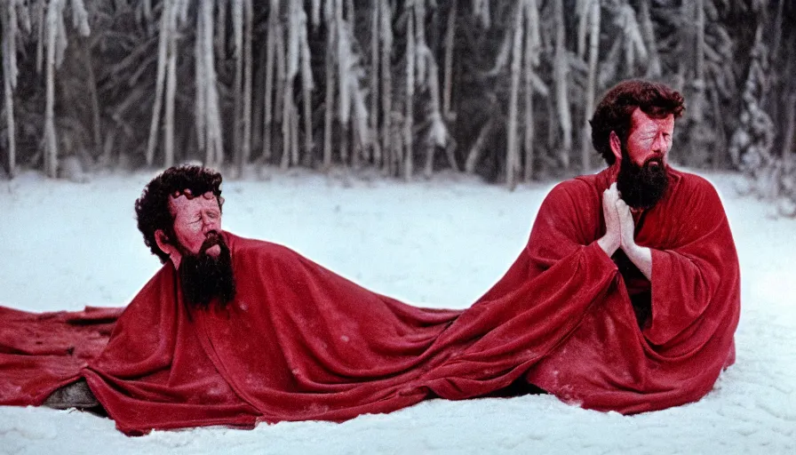 Prompt: 1 9 6 0 s movie still close up of marcus aurelius tired in a red royal toga frozen to death under the snow by the side of a river with gravel, pine forests, cinestill 8 0 0 t 3 5 mm, high quality, heavy grain, high detail, texture, dramatic light, anamorphic, hyperrealistic, detailed hair, foggy