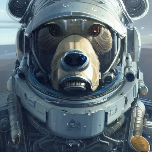 Image similar to detailed science - fiction character portrait of a grizzly bear space robot suit, intricate, wild, highly detailed, digital painting, artstation, concept art, smooth, sharp focus, illustration, art by artgerm and greg rutkowski and alphonse mucha