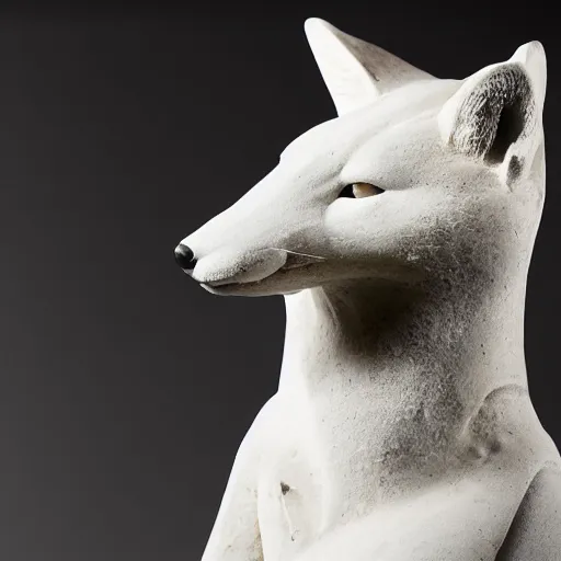 Image similar to close - up museum photo of an ancient white marble statue of a fox in a hoodie, greece, studio lighting, professional, promo,