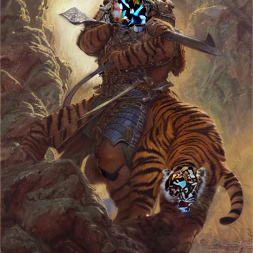 Image similar to Swordsman with the head of a tiger as a fantasy D&D character, portrait art by Donato Giancola and James Gurney, digital art, trending on artstation