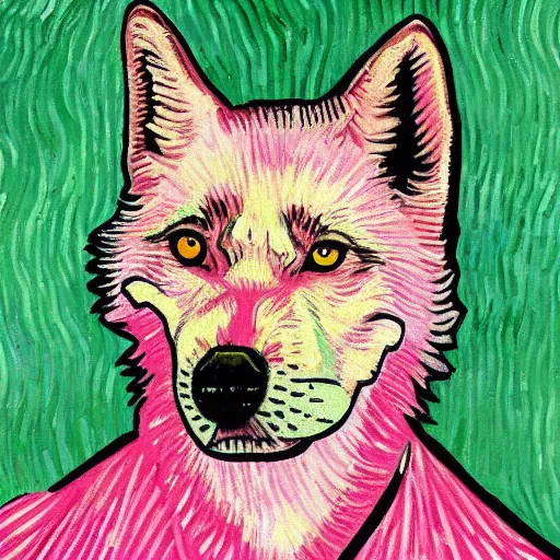 Image similar to retarded wolf portrait, van gogh style, pink, green