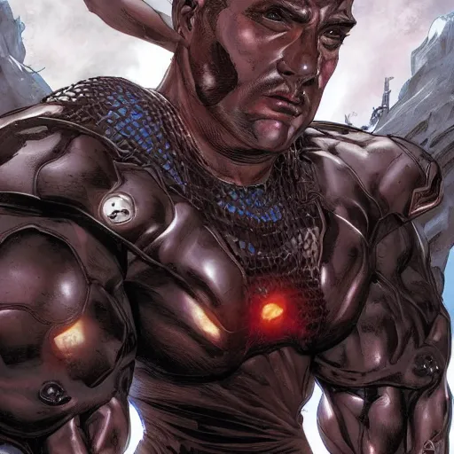 Prompt: chonky bald ethan van sciver, riding on a sad dark horse, full view, beautiful artwork by artgerm and rutkowski, breathtaking, beautifully lit, dramatic, full view