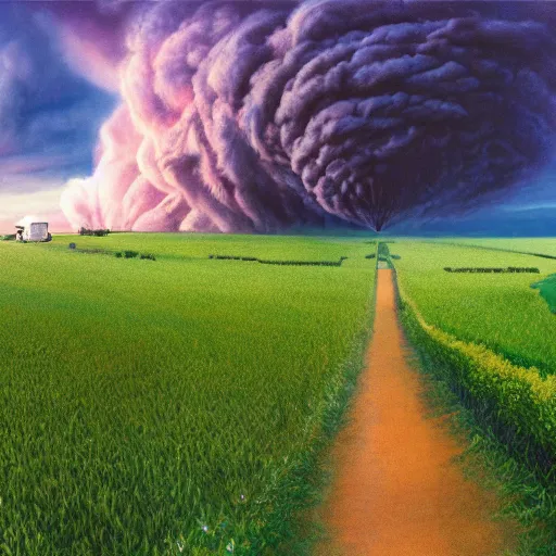 Prompt: photo realistic panoramic film still of dorothy home being taken away by a massive tornado, in the art style of dr. who, highly detailed, wizard of oz kansas farm environment, early morning, vivid color, 8 k