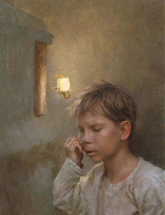 Image similar to peasant boy crying in country house, cottage core, cinematic focus, polaroid photo bleached vintage pastel colors high - key lighting, soft lights, foggy, by steve hanks, by lisa yuskavage, by serov valentin, by tarkovsky, detailed, oil on canvas