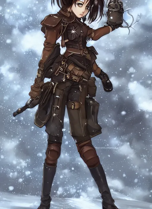 Prompt: girl with steampunk weapons and uniform, serious, finely detailed, made by artgerm, ross tran, full body portrait, illustration, snow, snowing, cloudy, anime, side view, perfect anime face, realistic face, zoomed out, smooth, brown eyes, high waisted shorts