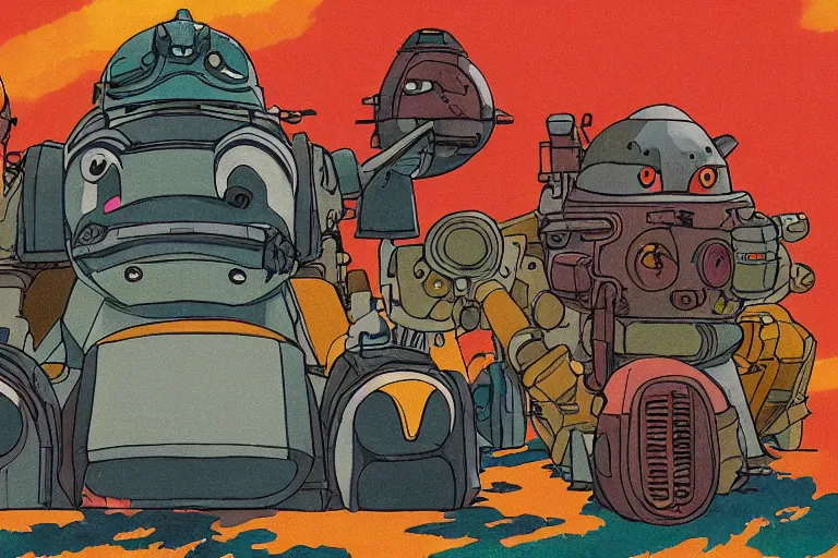 Image similar to illustration of a heavily armoured mechanical duck by studio ghibli, ominous, vivid colors, colorful