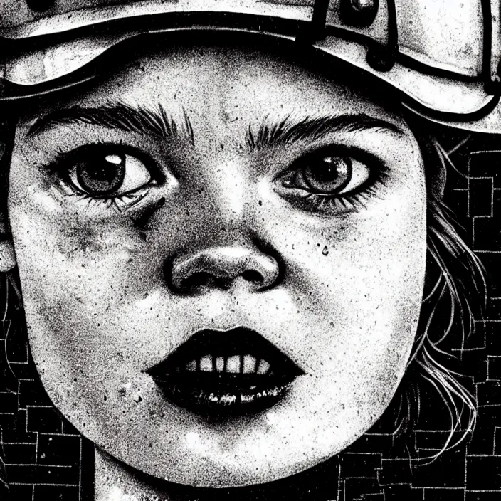 Image similar to extreme close - up on sadie sink as a miner : eating. background : black tiles on walls. black and white, pencil and ink. by gabriel hardman, joe alves, chris bonura. cinematic atmosphere, detailed and intricate, perfect anatomy