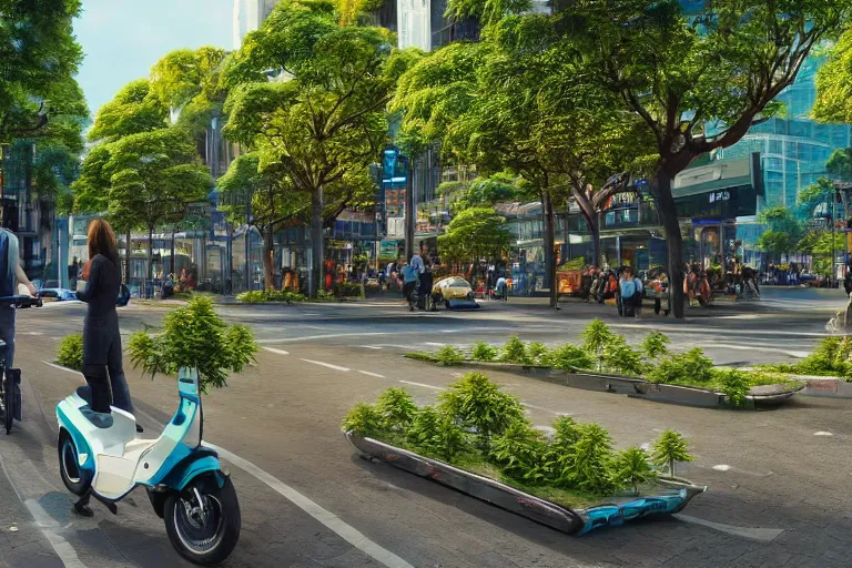 Image similar to an optimistic futuristic city street with one or two mini cannabis pot - plant few cute leaves, scenic streams, idyllic crossing bridges and people riding e - scooters, pop motifs, by ghibli