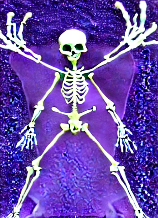 Image similar to a skeletal skinny angel spirit being, covered with pastel glitter glue slime, fashion model pose, full body maximalist cosmic eldritch character design, early computer graphics