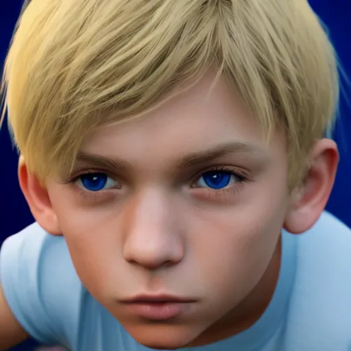 Image similar to a detailed portrait of boy with blonde hair and blue eyes, unreal engine 5 rendered, incredibly highly detailed and realistic, 8 k, sharp focus, studio quality