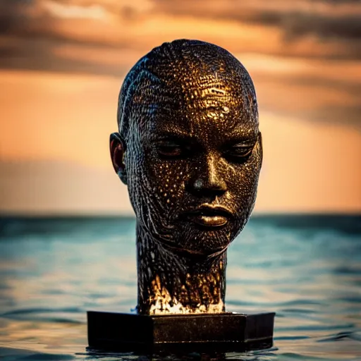 Image similar to a water sculpture in the shape of a human head, on the ocean water, cinematic, in the style of johnson tsang, long shot, hyper detailed, hyper realistic, ray tracing, 8 k resolution, sharp focus, realistic water, award winning