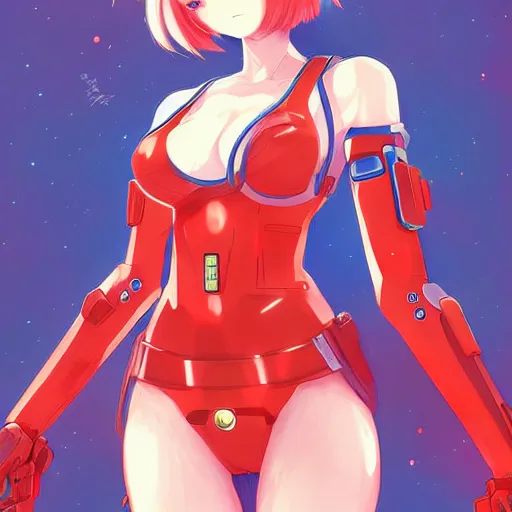 Prompt: digital anime art. full body. cute girl. red mech arms and red mech legs. blue eyes. gold short hair. red bikini. wlop, rossdraws, sakimimichan