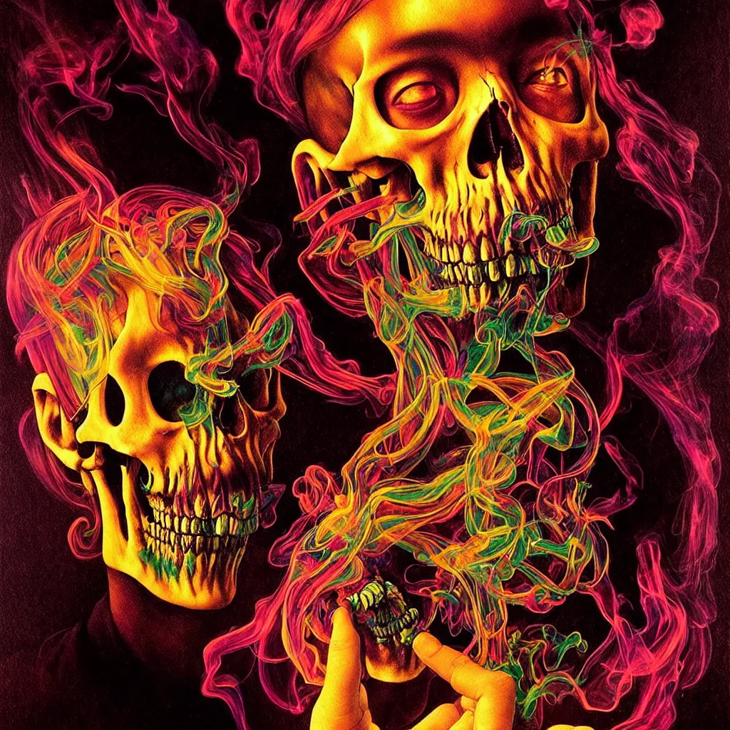 Image similar to bright psychedelic photo of BILL HICKS SKULL SMOKING, diffuse lighting, fantasy, intricate, elegant, highly detailed, lifelike, photorealistic, digital painting, artstation, illustration, concept art, smooth, sharp focus, art by John Collier and Albert Aublet and Krenz Cushart and Artem Demura and Alphonse Mucha