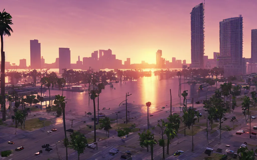 Image similar to still next - gen ps 5 game grand theft auto 6 2 0 2 4 remaster, graphics mods, rain, red sunset, people, rtx reflections, gta vi, miami, palms and miami buildings, photorealistic screenshot, unreal engine 5, 4 k, 5 0 mm bokeh, gta vice city remastered, artstation