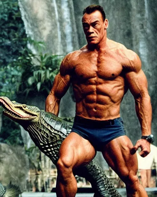 Image similar to jean - claude van damme fighting against a giant alligator monster, bipedal crocodile with sharp scales and muscular arms and legs. inhuman monster verses human martial artist. - w 8 0 0