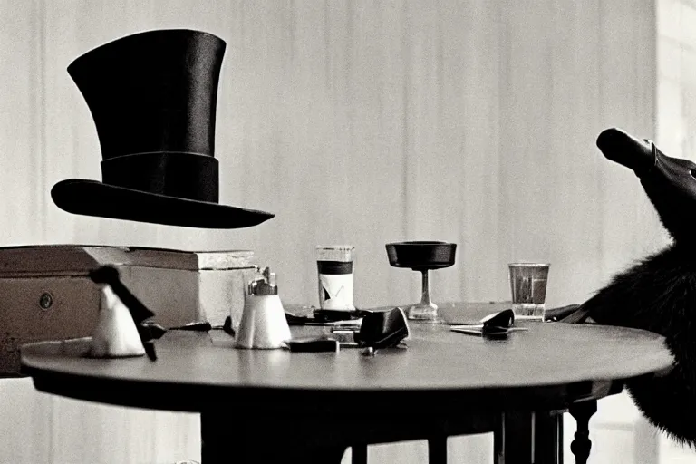 Image similar to platypus wearing top hat on a table in police station by Roger Deakins