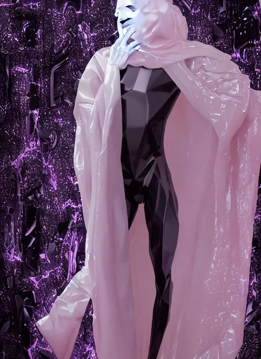 Image similar to photo of fullbodied baroque and bladerunner delicate neon diamond sculpture of seductive onyx albino marble prince zhengyang zhang dotado mint iridescent humanoid deity wearing black plastic trashbag hooded cloak holding hellfire skull in a onyx alien dungeon, reclining, glowing magenta face, crown of white diamonds, cinematic lighting, photorealistic, octane render 8 k depth of field 3 d