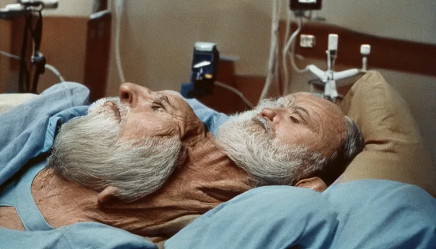Prompt: 7 0 s movie still of a old man with a head on the chest in the hospital, cinestill 8 0 0 t 3 5 mm eastmancolor, heavy grain, high quality, high detail