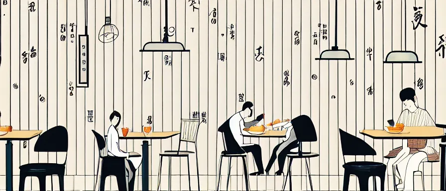 Image similar to a beautiful interior view illustration of a small roasted string hotpot restaurant in yan'an city, wall corner, restaurant wall paper is tower amd mountain, rectangle white porcelain table, people are eating, black chair, animation illustrative style, from china, simple style structure decoration design, victo ngai, james jean, 4 k hd