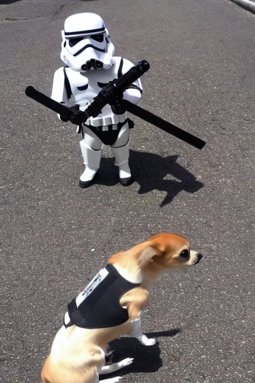 Image similar to a Chihuahua holding a lightsaber,dressing like Stormtrooper,futuristic style.unnreal engine