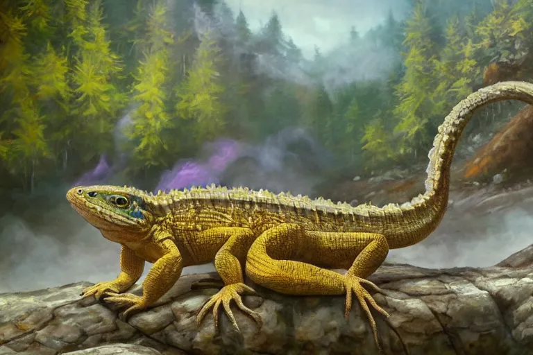 Prompt: highly detailed oil painting of a crytal lizard sitting in a steaming colorful hotspring with woodland forest backdrop, featured on artstation