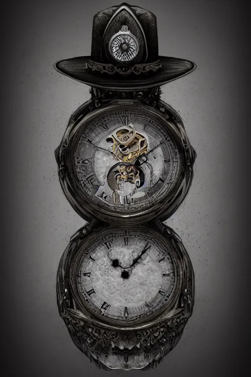 Image similar to a timekeeper with a pocket watch face. silk hat, full body, dark fantasy, concept art, gothic, intricate, ornate, ultra realistic, octane render