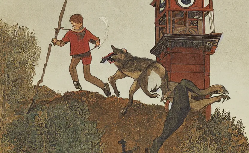 Image similar to a boy fighting a wolf on the edge of a clocktower, by moebious gouache, print