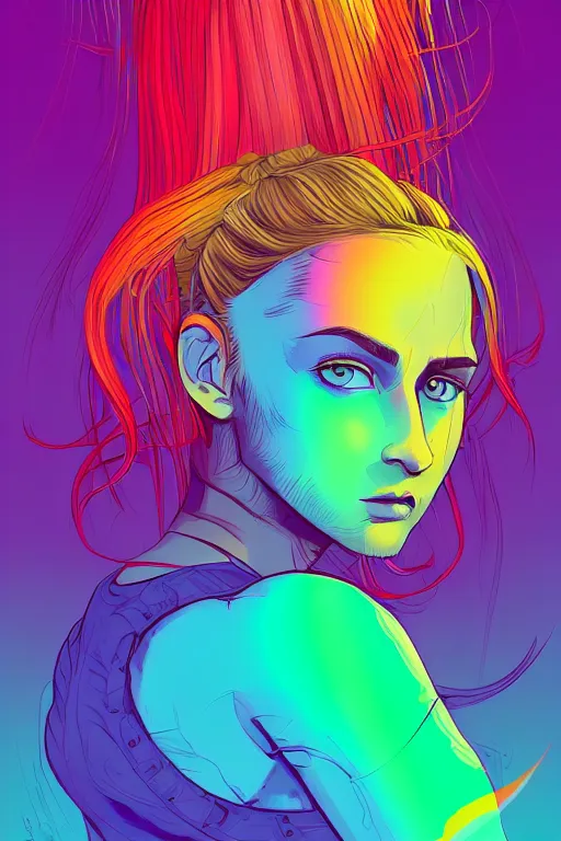 Image similar to a award winning half body portrait of a beautiful woman with stunning eyes in a croptop and cargo pants with rainbow colored ombre hairstyle head in motion and hair flying by josan gonzales, outrun, vaporware, shaded flat illustration, digital art, trending on artstation, highly detailed, fine detail, intricate